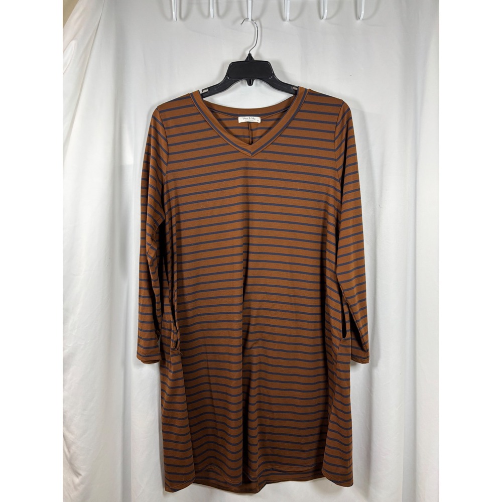 You & Me Womens 2X Brown Navy Striped V-Neck Long Sleeve Pocket T-Shirt Dress